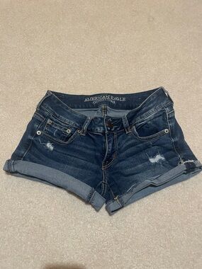 American Eagle Outfitters Dark Blue Distressed Cuffed Denim Shorts